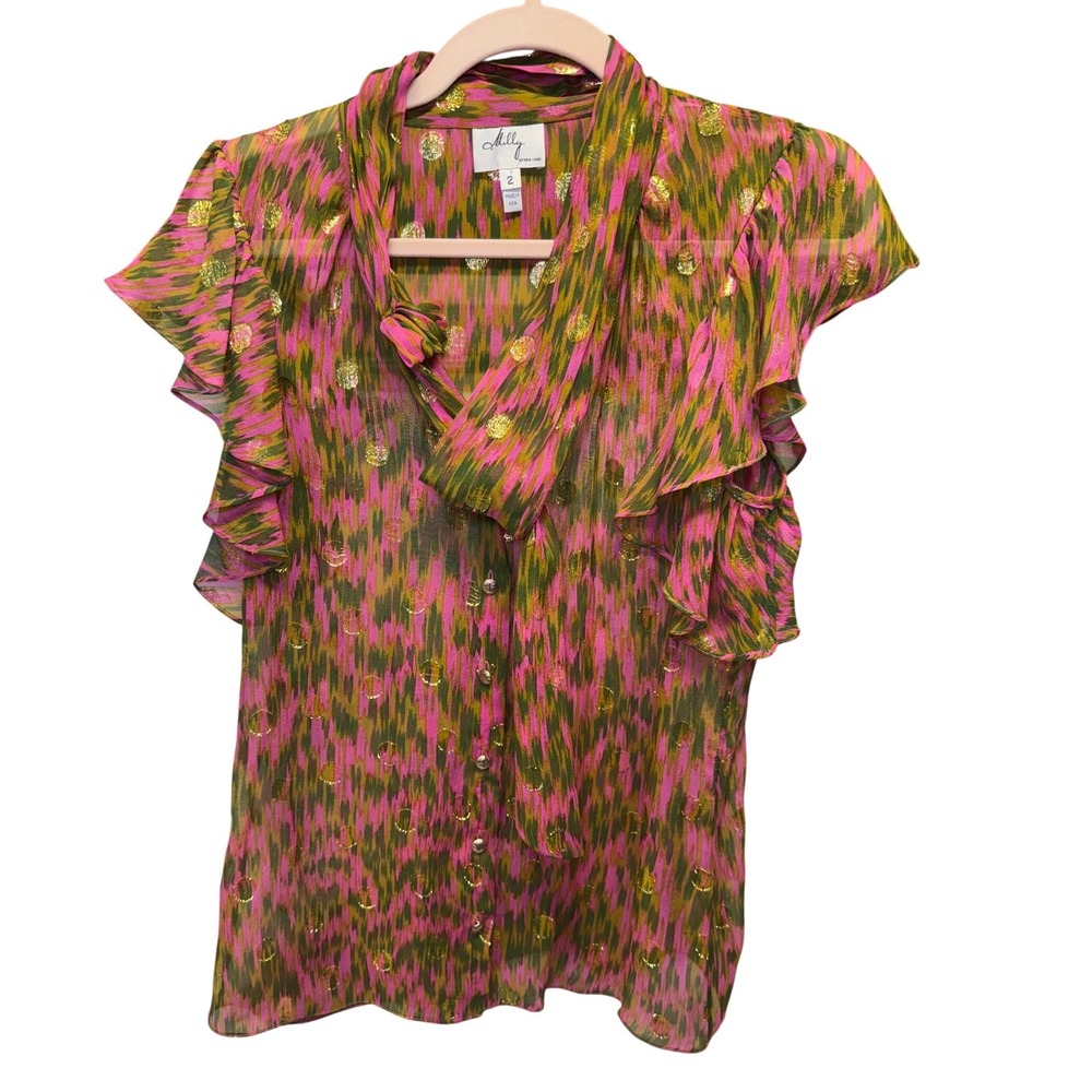 Milly of New York Silk Tie Neck Ruffle Blouse Pink Green Gold Metallic Luxe  2 - Picture 4 of 10